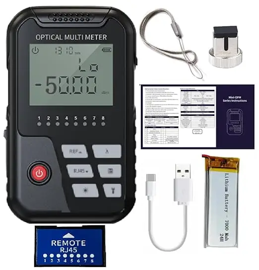 3-in-1 Optical Power Meter with 2mW VFL, FC/SC Interface & RJ45 LAN Cable Tester, -50~+26dBm Range